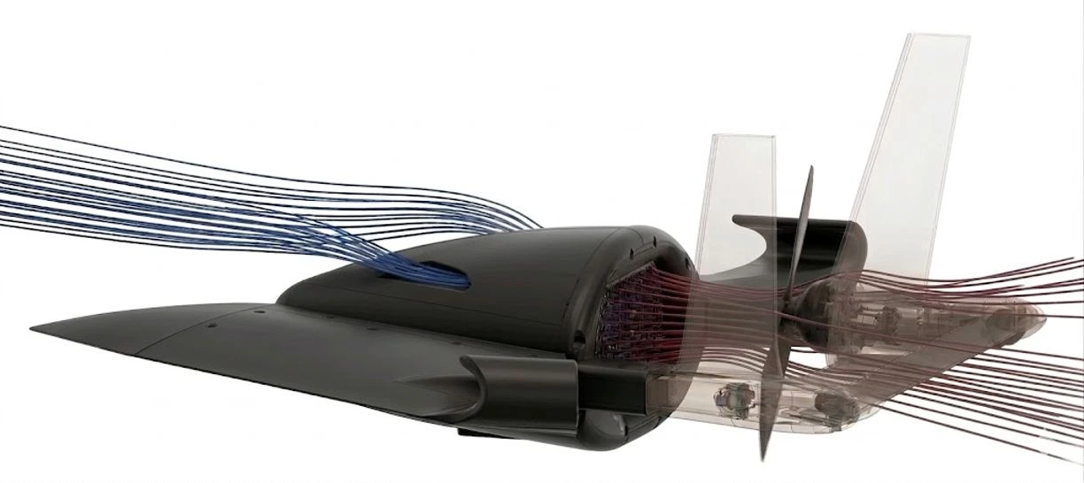 Atlas Falcon airframe cooling: intake airflow enters the upper fuselage and exits through the rear toward the propeller