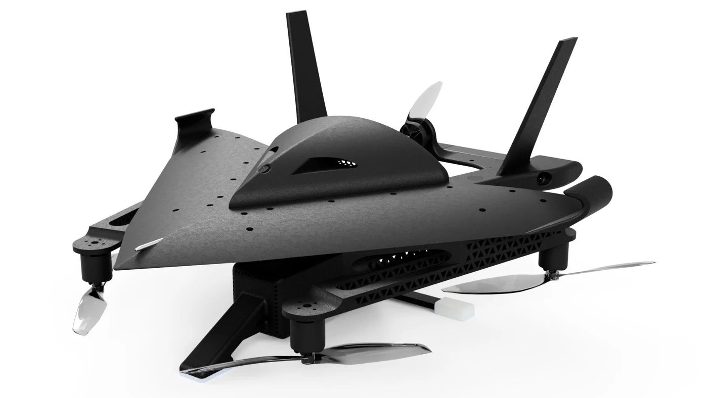 Original CAD rendering of Atlas Falcon’s blended-wing airframe and vertical-lift propellers