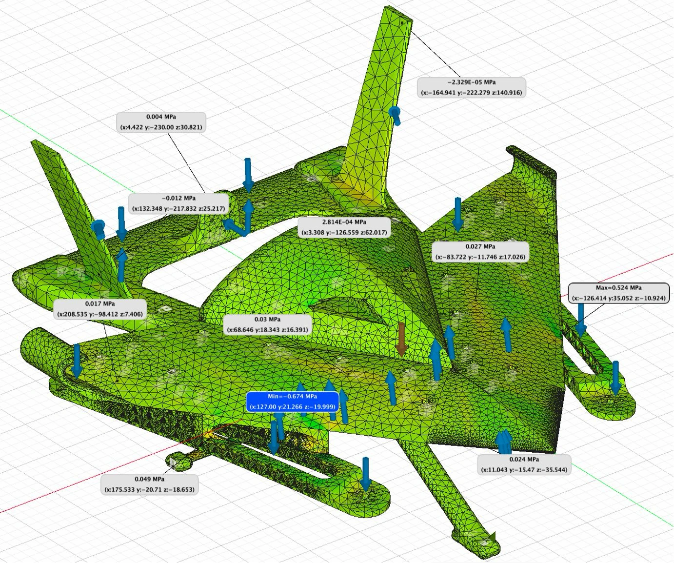 Atlas Falcon finite element analysis showing the airframe mesh, applied loads, and stress annotations