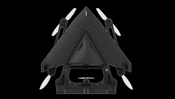 Top-view CAD rendering of Atlas Falcon’s blended-wing airframe and four vertical-lift propellers.