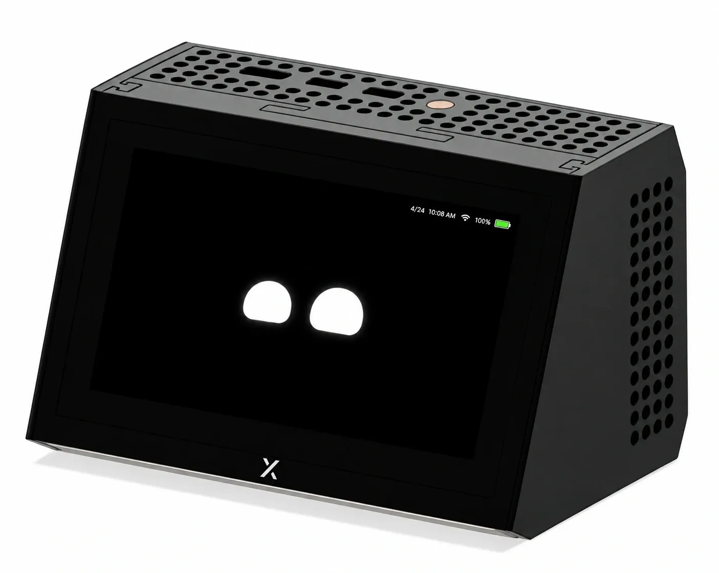 XPEN learning assistant with a black touchscreen enclosure, white eyes, and a battery indicator